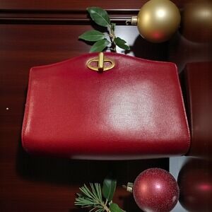 Dunhill Red Leather Clutch Evening‎ Bag Gold Accent Mirror Included VINTAGE